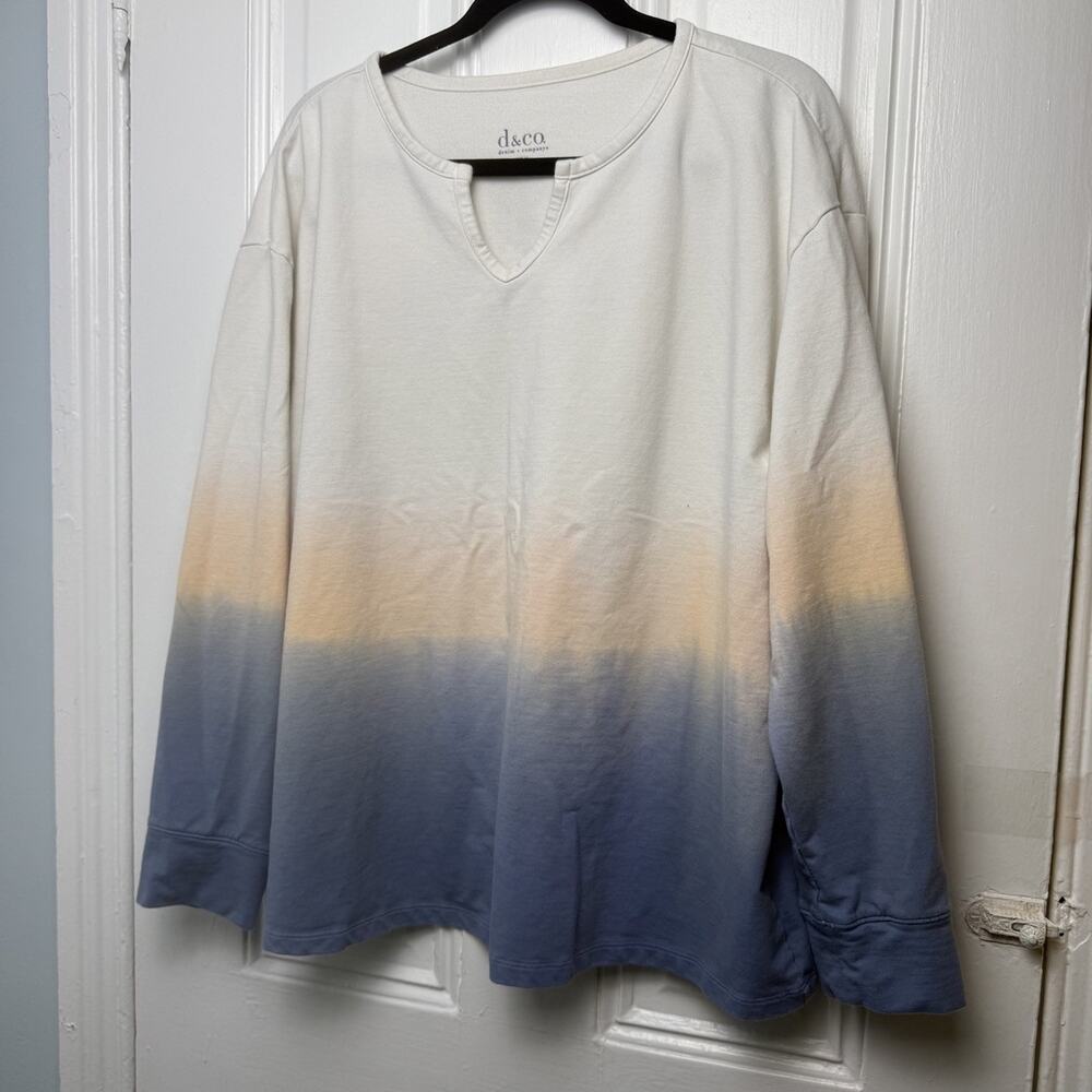 D&Co. Ombre Blue White Top Womens XL Long Sleeve V-Neck Graduated Color *Stained